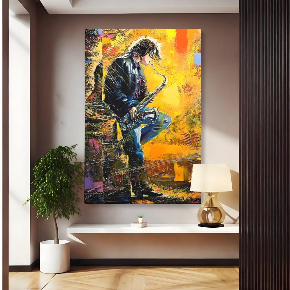 Tablou canvas cu tablou canvas cu muzician cantand la saxofon, fara rama, pe sasiu de lemn